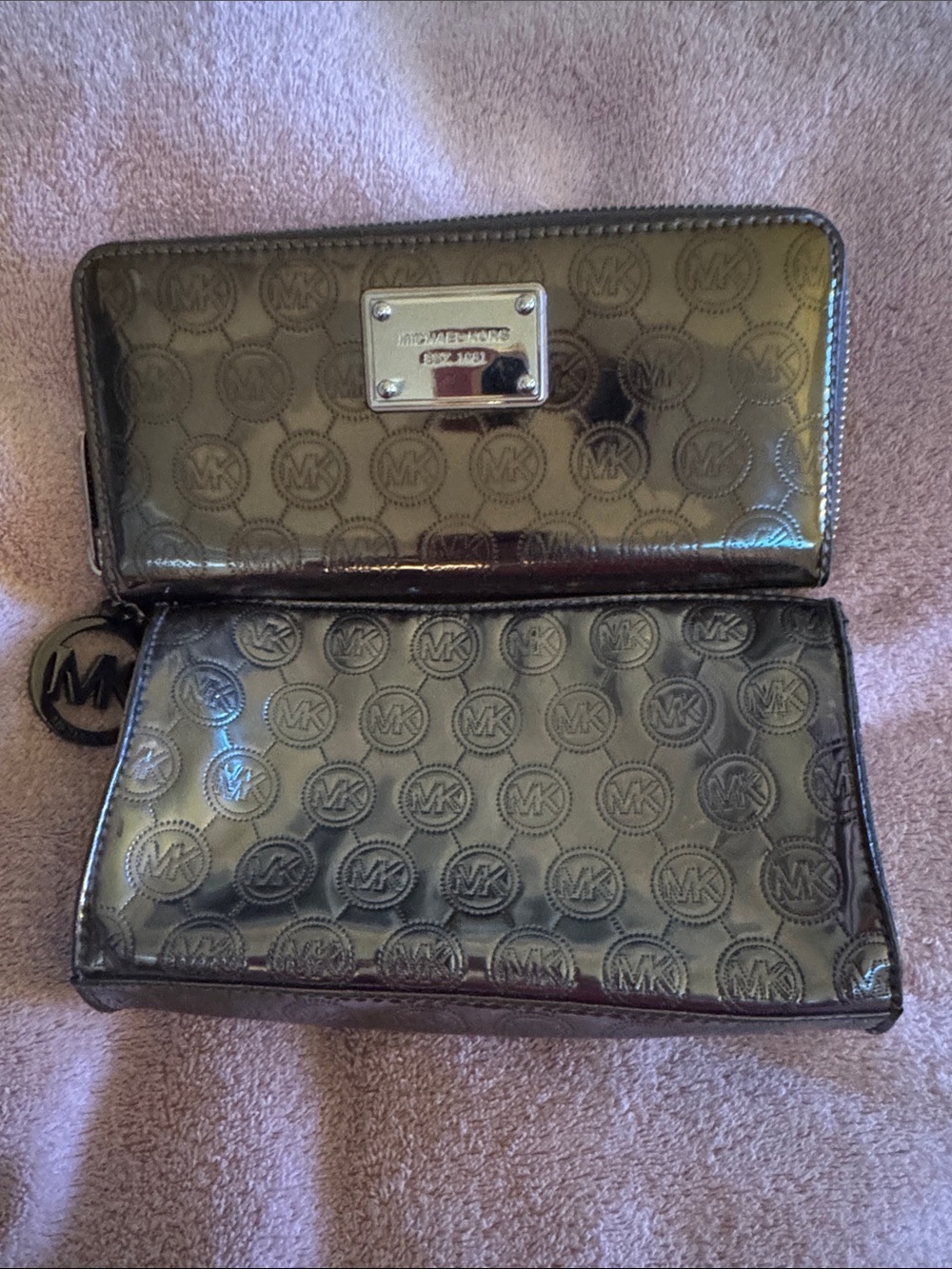 Michael Kors Metallic Gunmetal MK Logo Zip Wallet AND cosmetic bag.